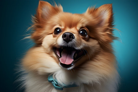 Portrait of a cute Pomeranian dog on a blue backgroundの素材