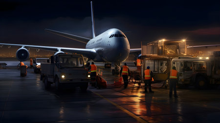 Airport terminal at night with workers loading luggage into a commercial airplaneの素材