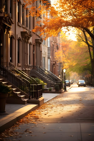 Beautiful brown stone stoop street view in New York City, USA. Autumn season.の素材