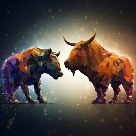 Abstract polygonal bull and bear on dark background. Vector illustration.の素材