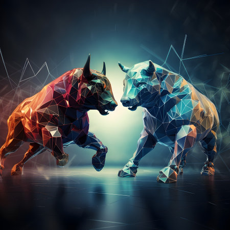 Abstract polygonal bull and bear on dark background. 3D renderingの素材