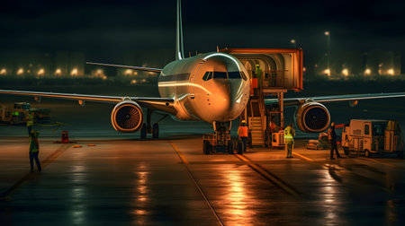 Airplane is loading in the airport at night. Transportation and logistics concept.の素材