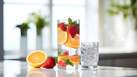 Glass of fresh lemonade with ice cubes and fruits on table in kitchenの素材