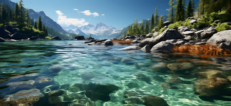 Lake Tahoe, Ca, Mountain lake with stones and coniferous forest.の素材