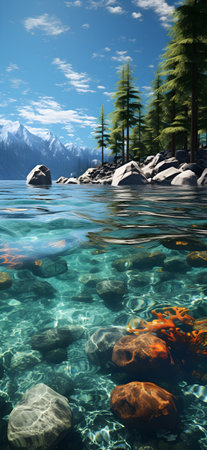 Lake Tahoe, Ca, Mountain lake with stones and coniferous forest.の素材