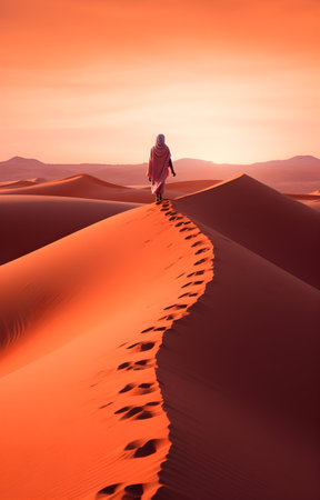 Hijab walking on sand dune in Sahara desert, Moroccoの素材