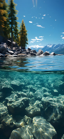 Lake Tahoe, crystal clear waters, Beautiful landscape with lake and mountains. Panoramic view.の素材