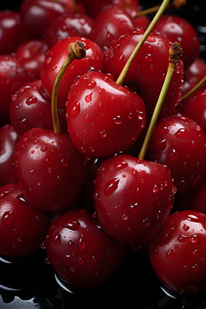 Red cherries with water drops on a black background, closeupの素材