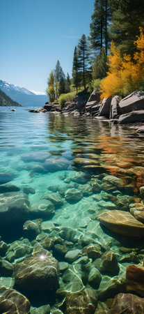 Lake Tahoe, crystal clear waters, Beautiful landscape with lake and mountains. Panoramic view.の素材