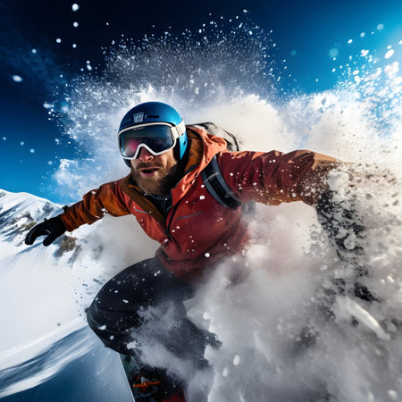 Man snowboarder in helmet and goggles on background of blue skyの素材