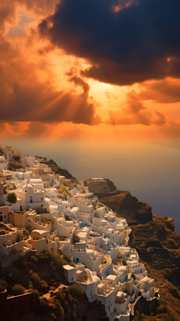 Image of white architecture on a slope of a hill at sunset, Oia, Santorini, Greeceの素材