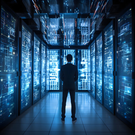 Back view of businessman standing in server room and looking at data centerの素材