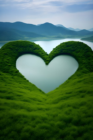 Beautiful green landscape with heart shape and mountain background,の素材