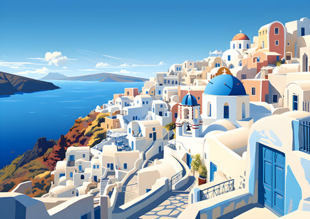 Oia village on Santorini island, Greece, vector illustrationの素材
