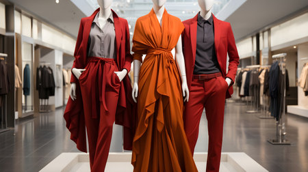 Women's clothing on mannequins in a fashion store.の素材