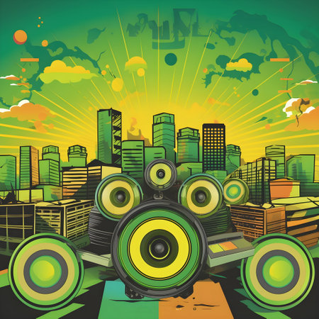 Music party background with speakers and city skyline. Vector illustration for your designの素材