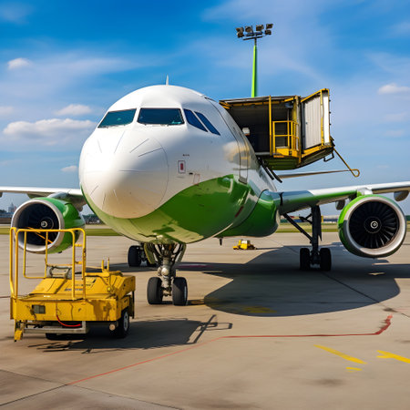 Passenger airplane on the runway at the airport in a beautiful summer dayの素材