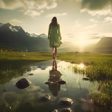 Young woman in green dress connecting with earth, bare foot beside beautiful mountain stream/の素材