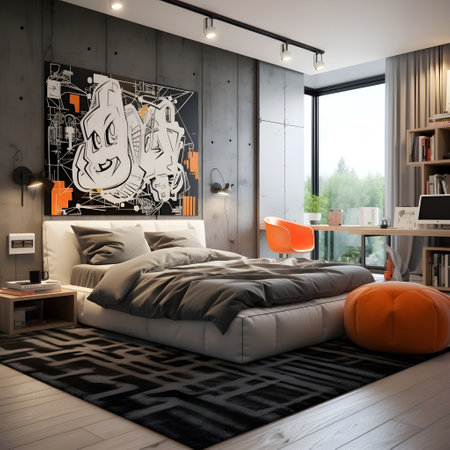 Interior of a modern teenagers bedroom with black walls, wooden floor, orange and gray master bed with orange pillows and an orange headboard. 3d renderの素材