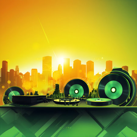 Dj mixes the track in the nightclub with the city in the backgroundの素材