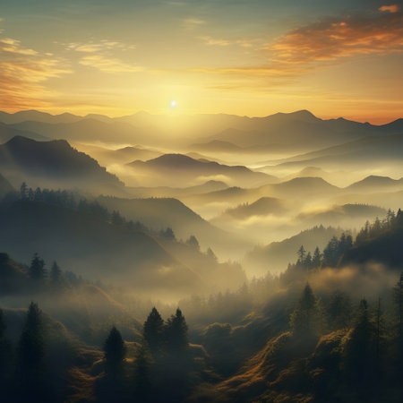 Foggy sunrise in the mountains. Landscape with fog.の素材