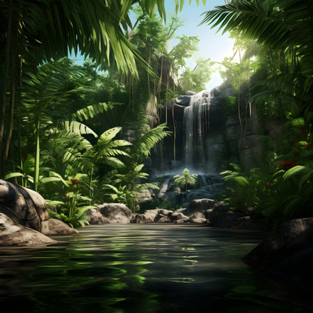 Tropical waterfall in the jungle. 3d render illustration.の素材