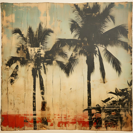 Tropical background with palm trees and grunge texture. Toned.の素材