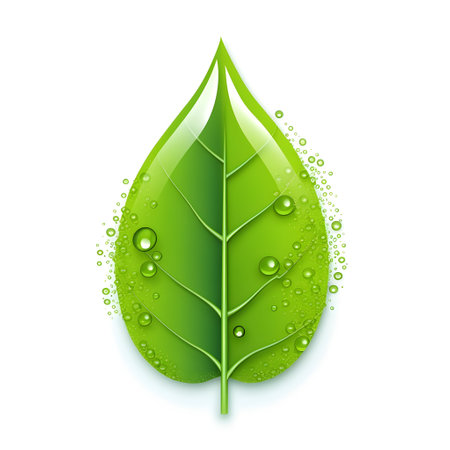Green leaf with water drops on white background. Ecology concept. Vector illustration.の素材