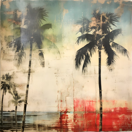 Tropical palm trees on the beach, grunge background.の素材