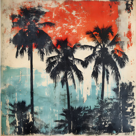 Tropical palm tree silhouettes on grunge background. Retro style.の素材
