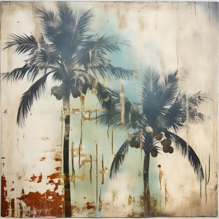 Tropical palm tree on grunge paper background. Vintage style.の素材