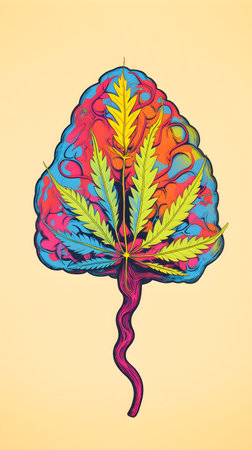 Human brain reacting to Cannabis, with colored leafs. illustration of a human brain.の素材