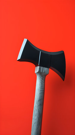 Axe on a red background. The ax is in the right position.の素材