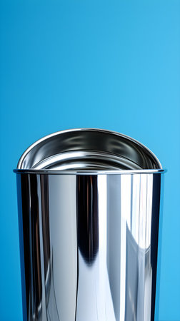Metal trash can on blue background, close up. Recycling conceptの素材