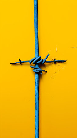 Barbed wire on a yellow background. Vertical photo with copy spaceの素材