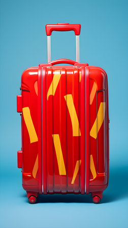 Red travel suitcase on a blue background.の素材