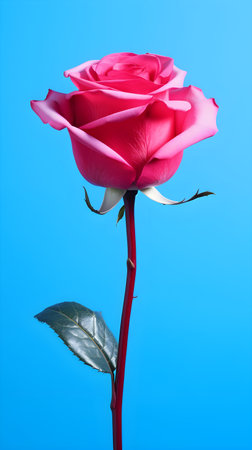 Beautiful pink rose isolated on a blue background. Studio shot.の素材