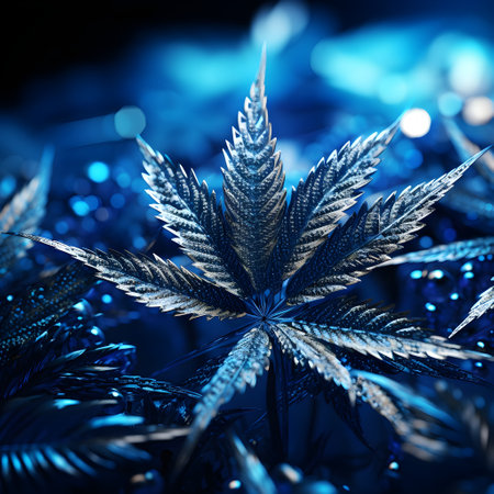 Cannabis leafs on blue background. 3D illustration.の素材