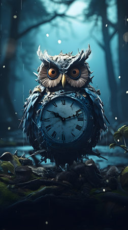 Fantasy image of an owl with a clock in a dark forestの素材