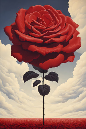 Red rose in the sky. 3D illustration. Vintage style.の素材