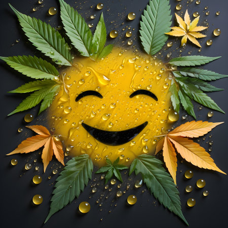 Smiling sun with cannabis leafs and water drops on black backgroundの素材