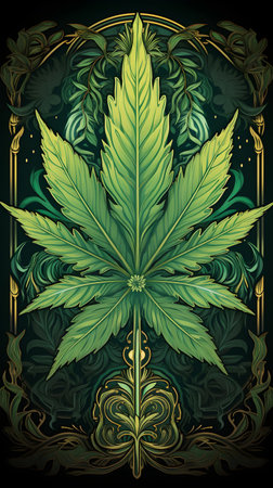 Decorative background with cannabis leaf and ornate frame. Vector illustration.の素材