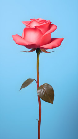 Beautiful red rose on blue background. Studio shot. Close-up.の素材