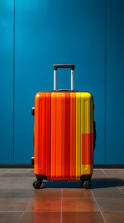 Luggage in front of the blue wall. Concept of travel.の素材