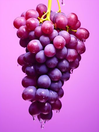 Bunch of red grapes with water drops isolated on purple background.の素材