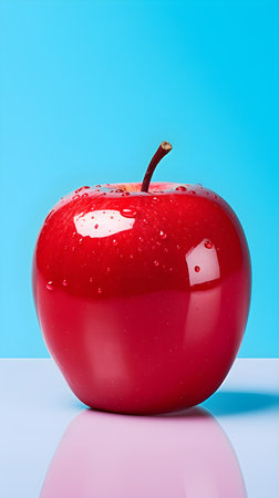Red apple with water drops on a blue background. Studio shot.の素材