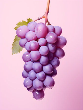 Bunch of purple grapes with water drops on a pink background.の素材