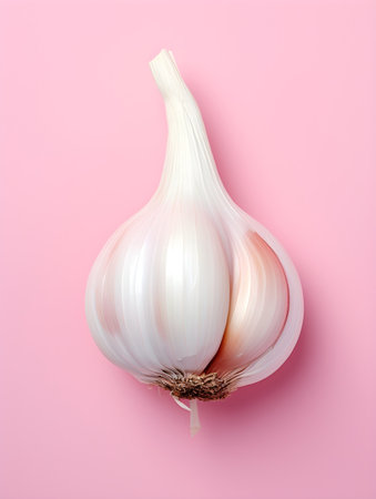 Garlic bulb on pink background. Minimal food concept. Flat lay, top viewの素材