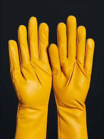 Close up of a pair of yellow rubber gloves on a dark backgroundの素材