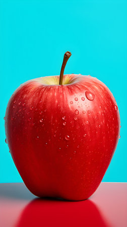 Red apple with water drops on a blue background, close-upの素材